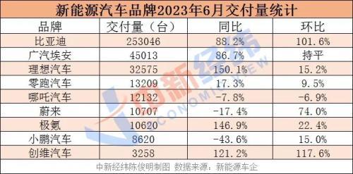 新能源车企6月战况：比亚迪成销冠，新势力“蔚小理”分化