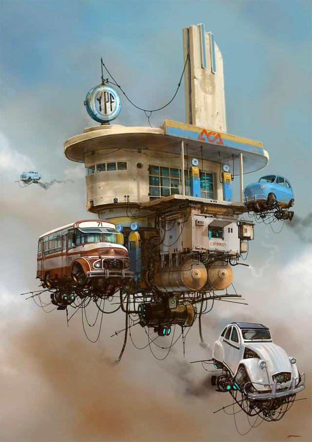 猫腰艺术——Alejandro Burdisio概念插画作品：飞翔的汽车