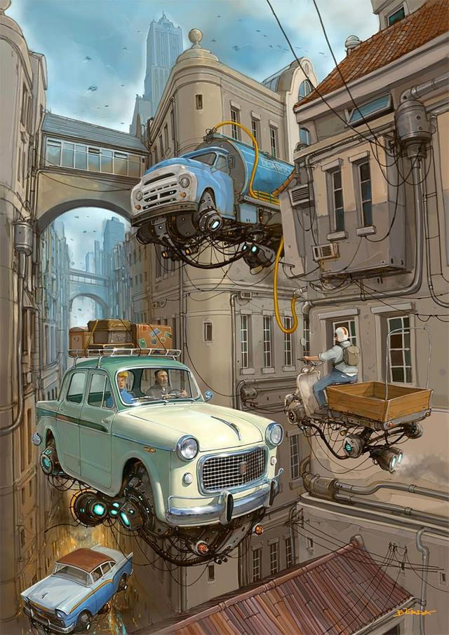 猫腰艺术——Alejandro Burdisio概念插画作品：飞翔的汽车