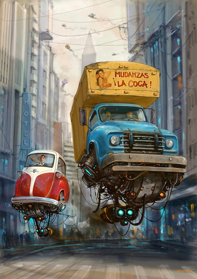 猫腰艺术——Alejandro Burdisio概念插画作品：飞翔的汽车