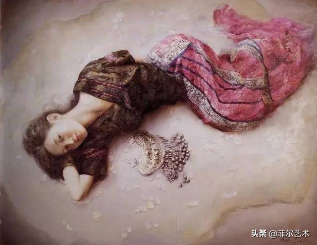 油画艺委会副主席油画中的苗族少女，慵懒迷人，美极了